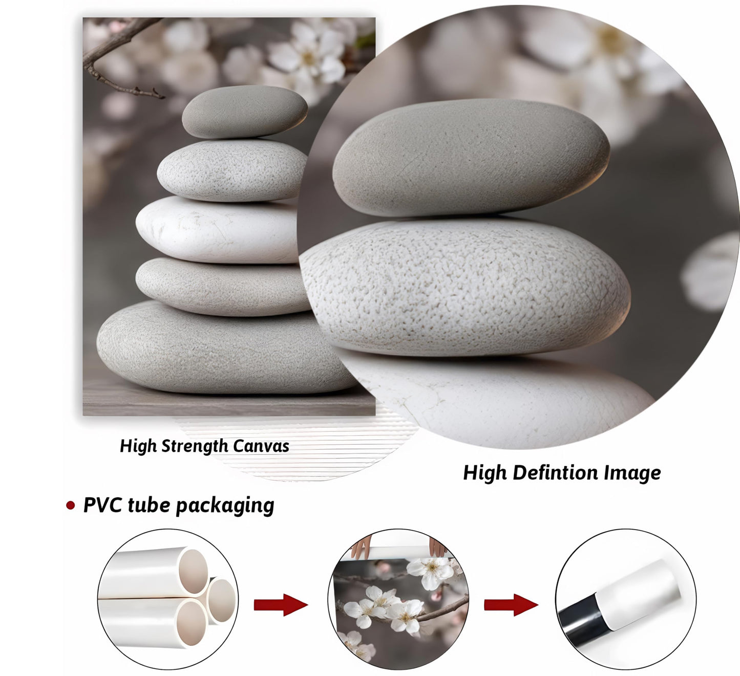 ZHJIOFXG 3 Piece Zen Canvas Wall Art Stacked Stones Cherry Blossom Candle Spa Wall Decor Calming Minimalist Neutral Poster Print Art for Bathroom Bedroom Yoga Room Office Living Room 16x24in Unframed