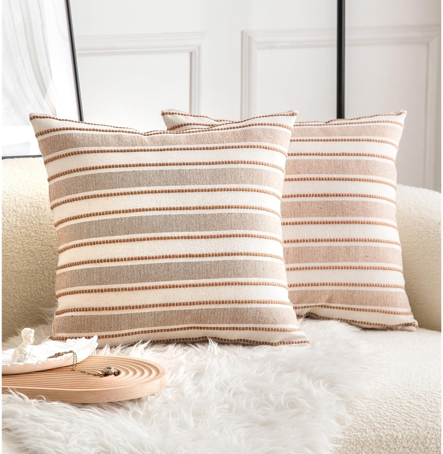 Cethom Decorative Boho Throw Pillow Covers, Farmhouse Textured Pillow Case, 20 x 20 Inch Set of 2, Chair Sofa Bedroom Living Room Home Decor Couch Cushion Case, Brown and Beige Striped