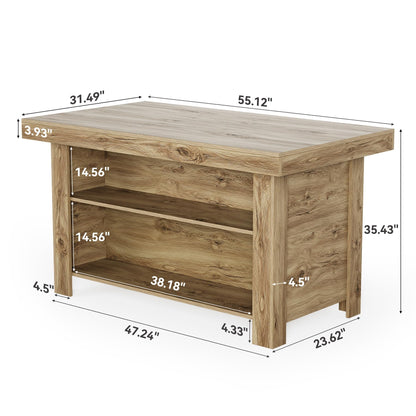 LITTLE TREE 55 Inches Kitchen Island with Storage, 3-Tier Farmhouse Wooden Stationary Island Table with Large Worktop & Leg Room, Modern Coffee Bar Table with Storage Shelf for Kitchen, Oak