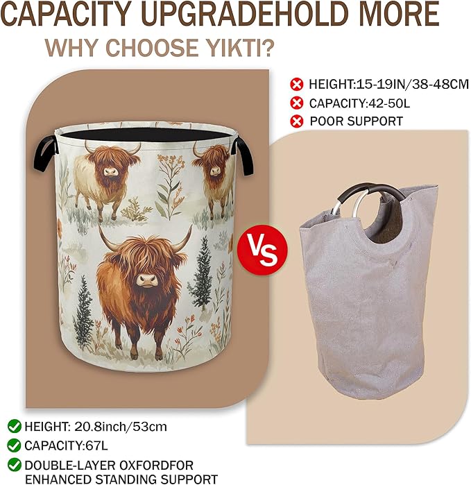 Laundry Hamper, Highland Cow Laundry Basket, Farmhouse Watercolor Flower