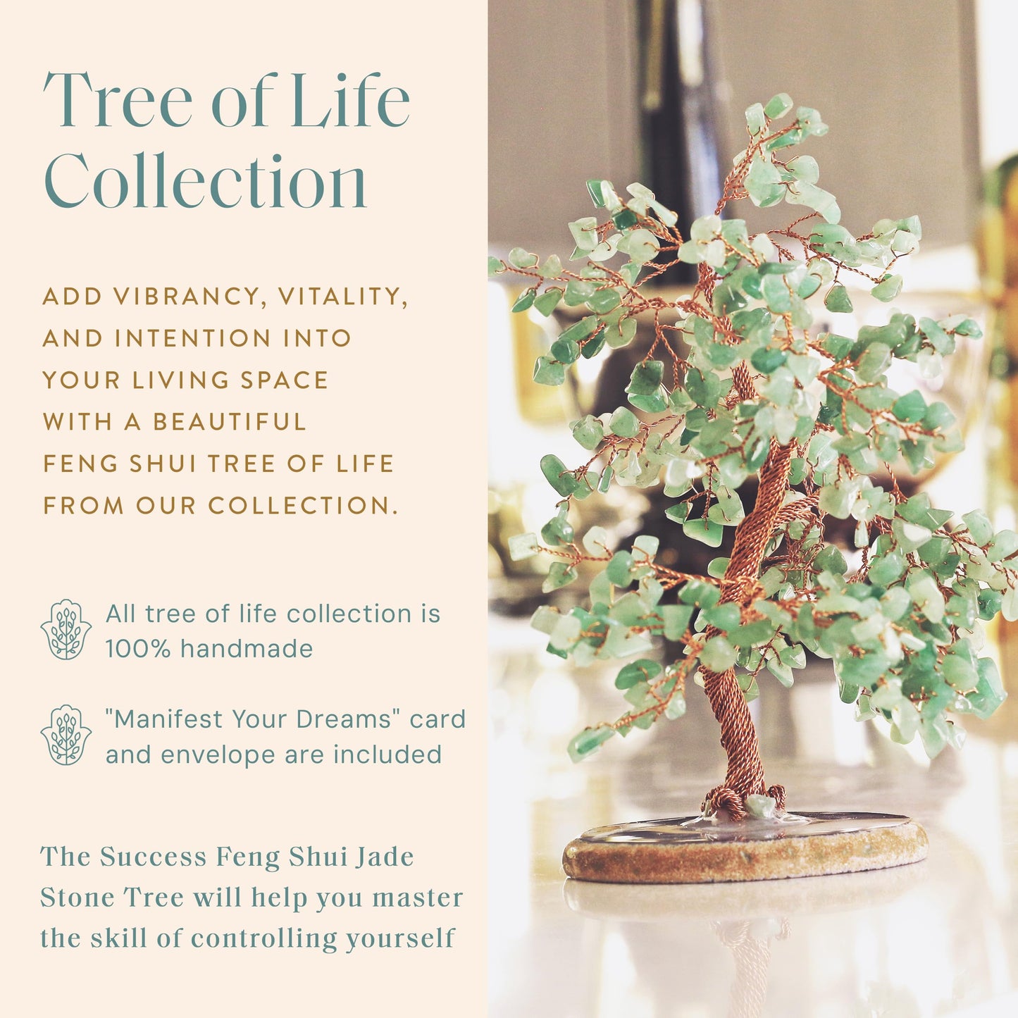 KARMA AND LUCK Jade Crystal Tree of Life, Feng Shui Money Tree Decor with Natural Jade Gemstones, Copper Wire Bonsai Tree on Agate Base, Spiritual Home, Office, Desk Decor Gift, 8" Medium