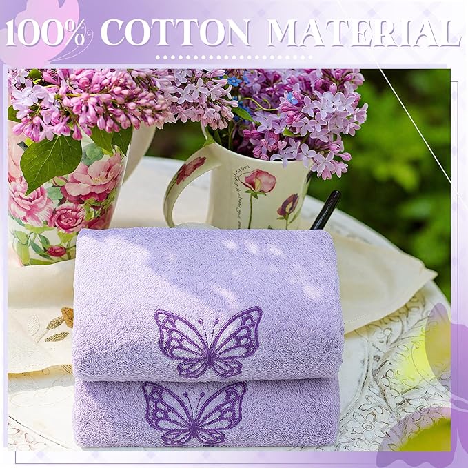2 Pcs Butterfly Hand Towels Light Purple Bathroom Decor 14x29 Inch Embroidered