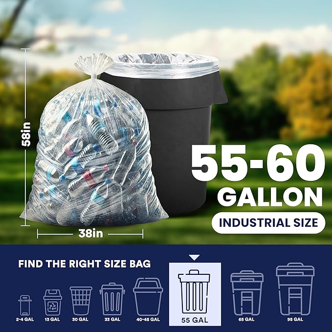 Plasticplace Heavy Duty 55-60 Gallon Trash Bags – Clear Garbage Can Liners –