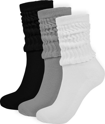 BomKinta Crew Slouch Socks Women Retro Scrunch Short Sock Soft Solid Ankle Socks Gift Size 5-11 3 Pair Black White Grey