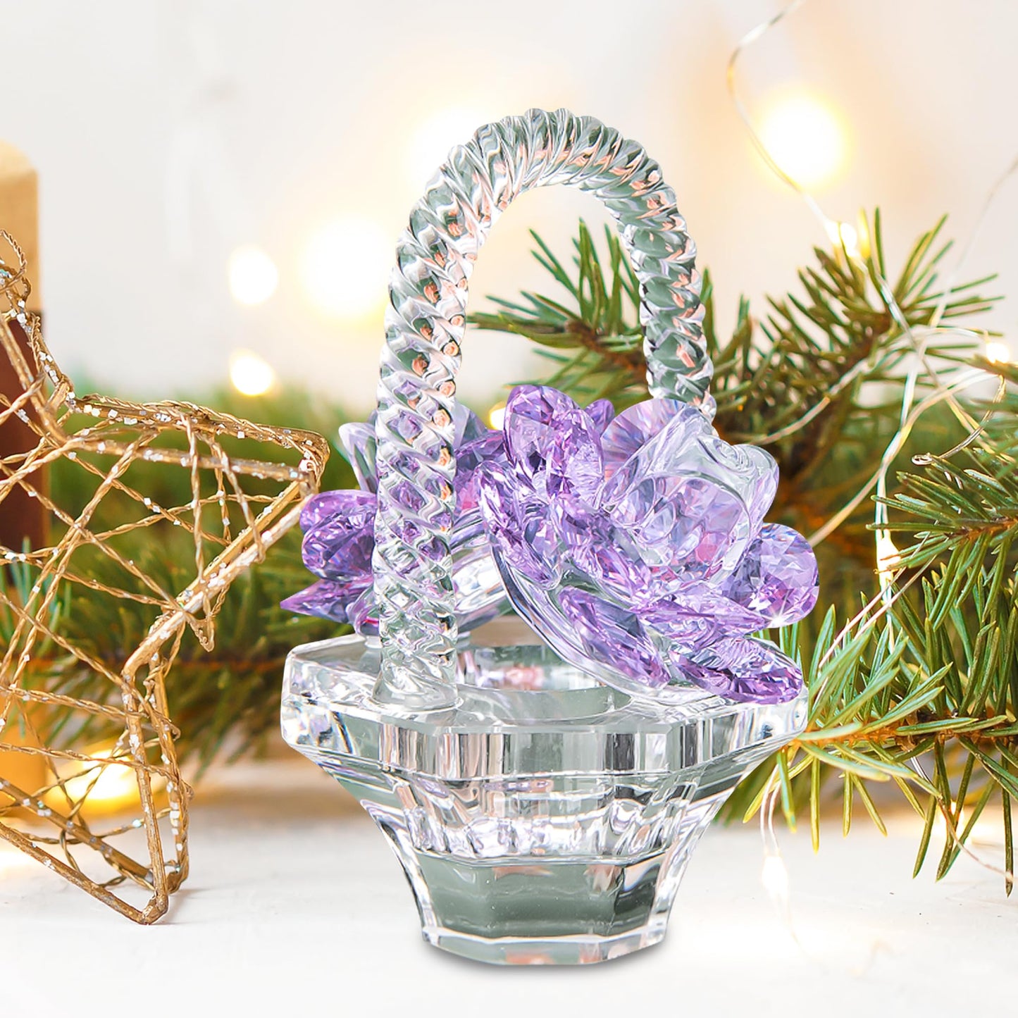 H&D HYALINE & DORA Crystal Flower Basket Figurine Purple Glass Ornament