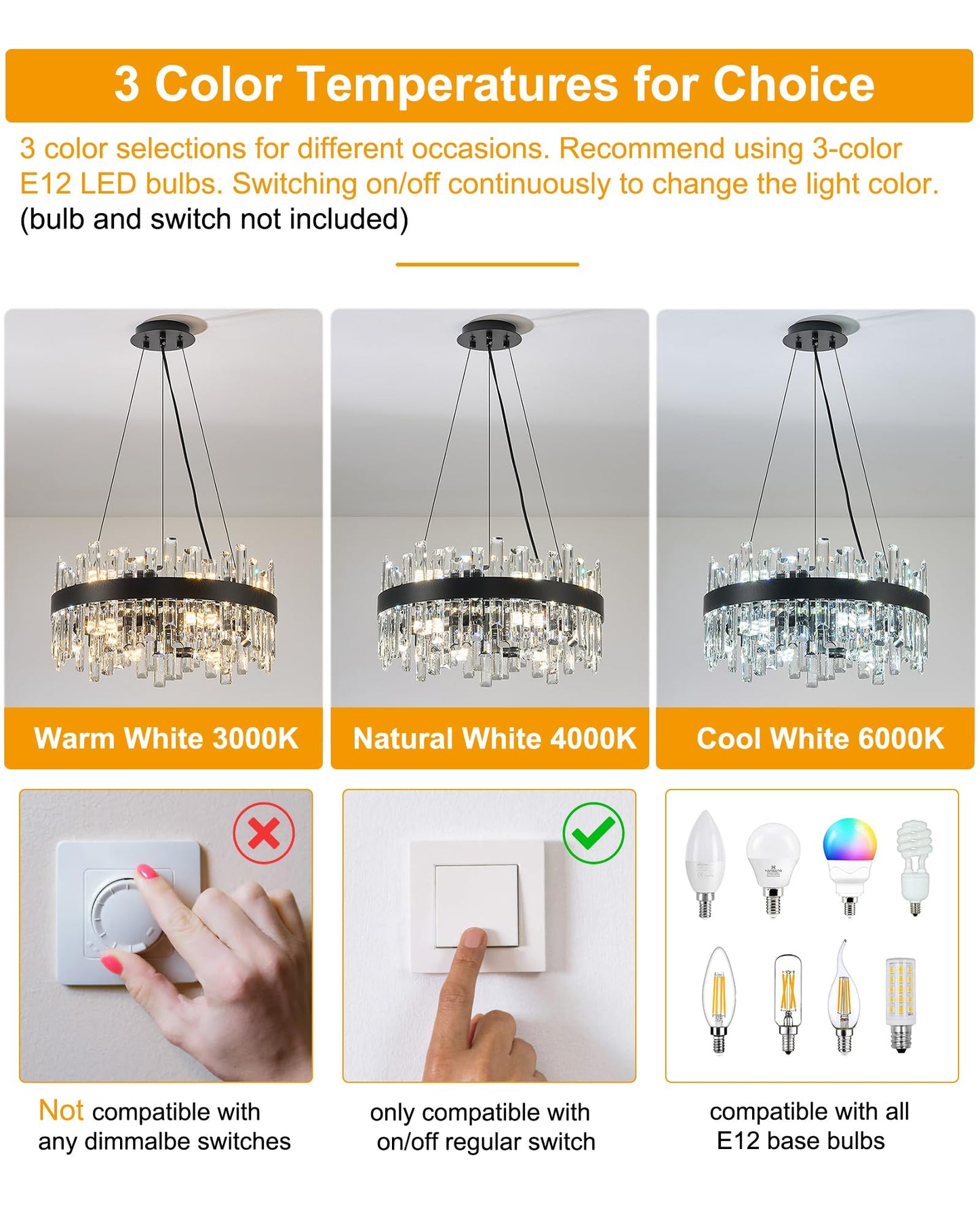 chandiry Round Crystal Chandeliers, D19.7 inch 12-Light Black Chandelier Lighting Fixture, Height Adjustable Pendant Ceiling Light for Living Room Dining Room Bedroom