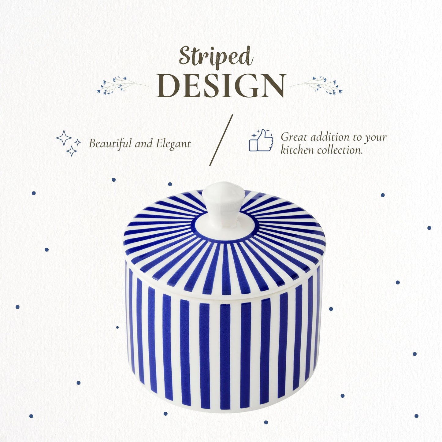 Spode Steccato Covered Sugar Bowl - 10 Ounce Earthenware Container with Lid, Cobalt Blue Striped Design, Microwave Dishwasher Freezer & Oven Safe - Ideal for Afternoon Tea & Gifting