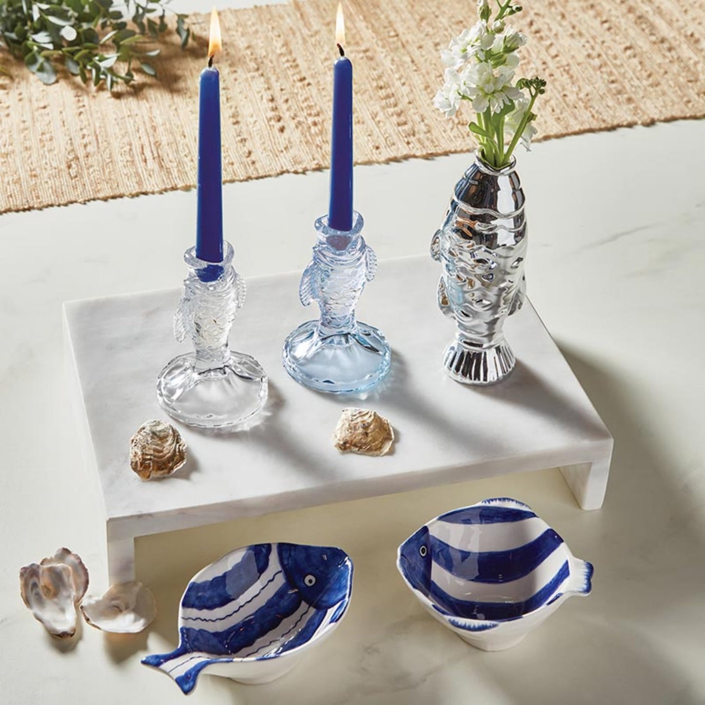 47th & Main Candle Holder for Taper Candle Fish-Shaped Glass Candlestick Candleholder, 3" Dia x 5" H, Blue