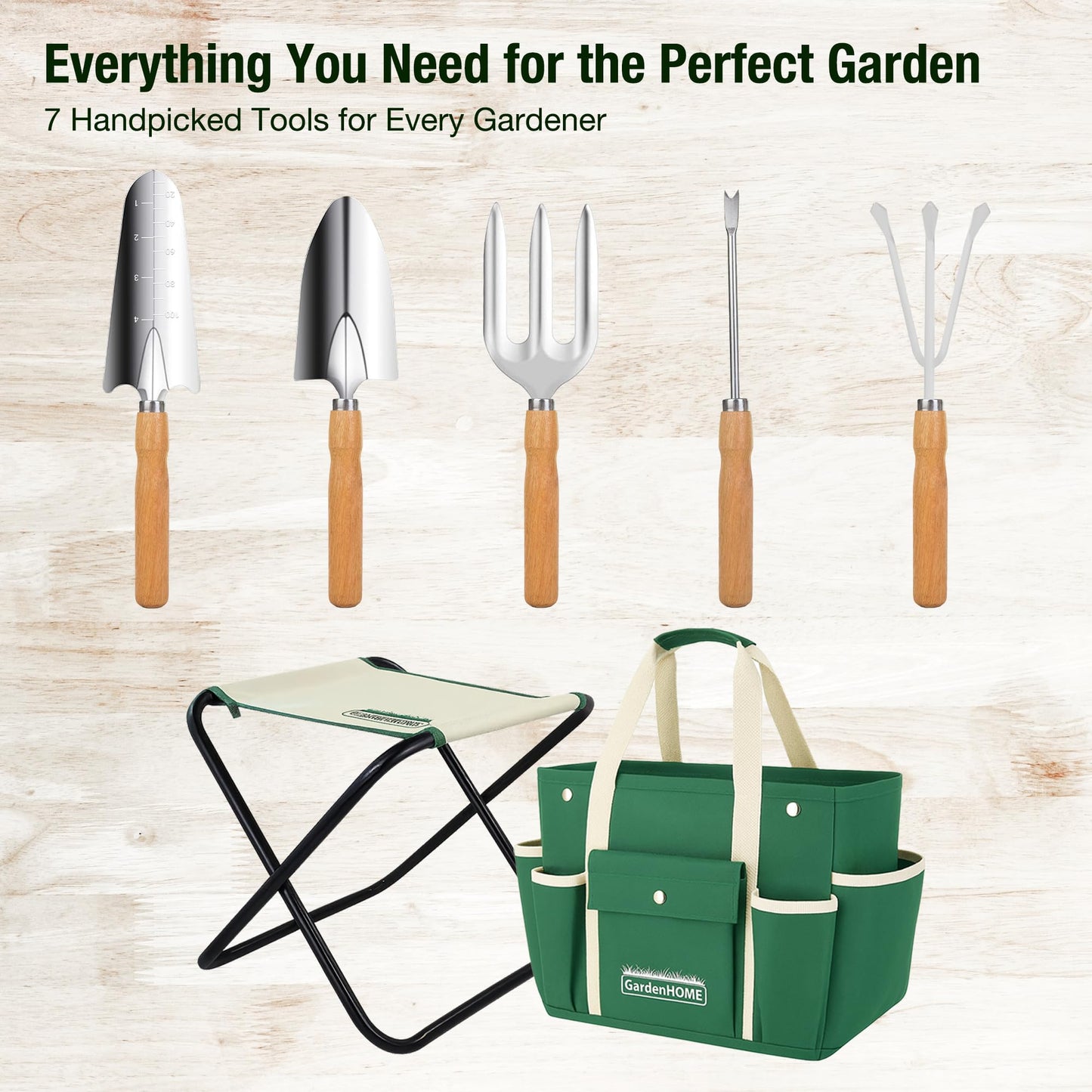 GardenHOME Garden Tool Set, Stainless Steel 7 Piece Tool Set, Heavy Duty Folding Stool, Detachable Canvas Tote Bag, Gardening Tool Kit Organizer