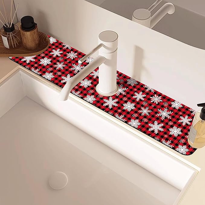Christmas Snowflake Kitchen Sink Splash Guard Mat Buffalo Plaid Absorbent Fast