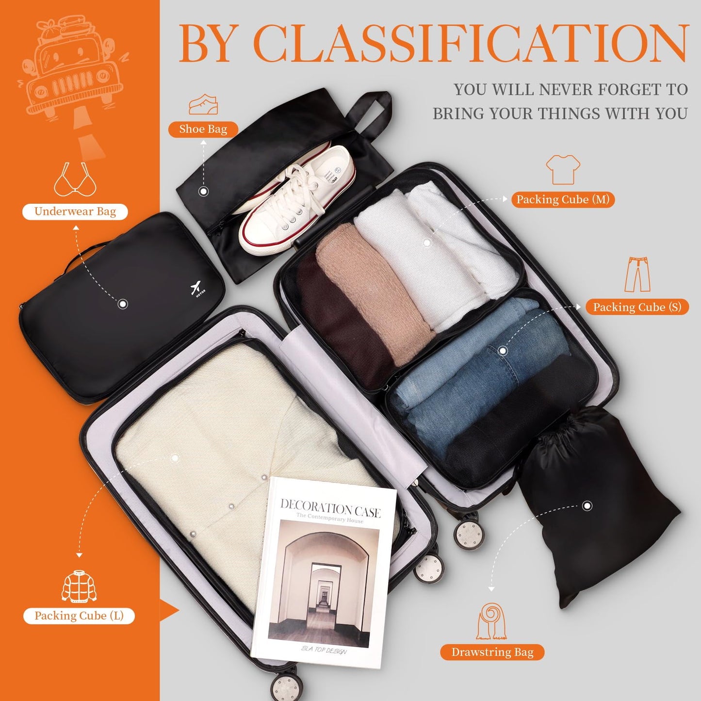 HOTOR Packing Cubes for Suitcases - 6 Pieces, Light Packing Cubes for Travel, Premium Suitcase Organizer Bags Set, Space-Saving Luggage Organizers, Travel Accessories and Essentials, Black