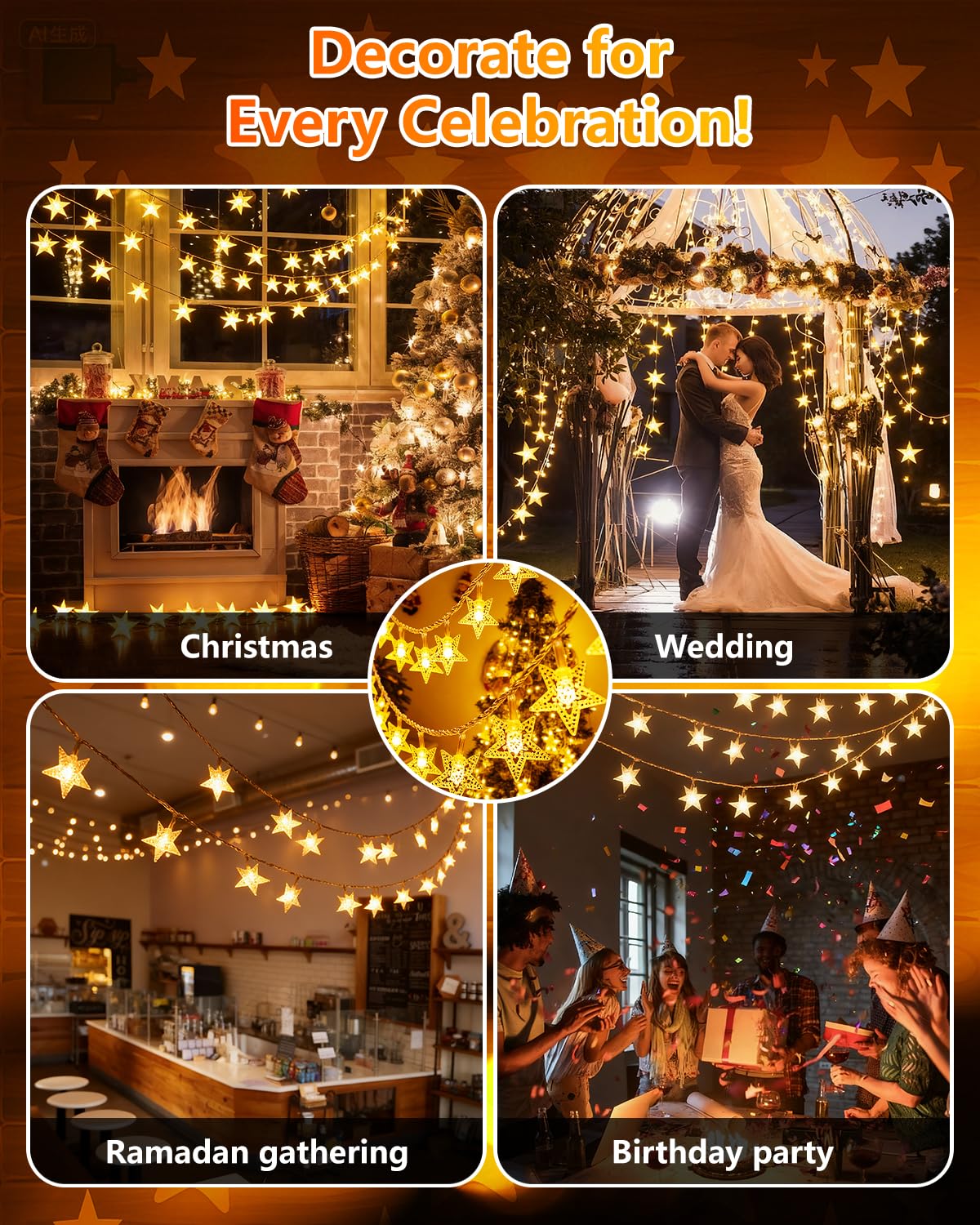 Twinkle Star 100 LED Star String Lights Plug in 33FT, Warm White