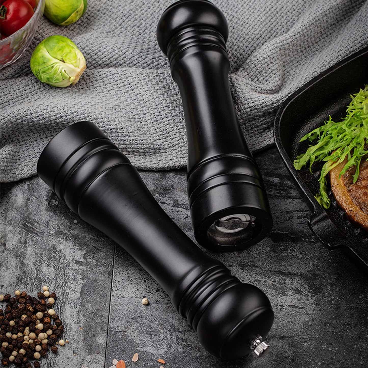 BINHAI Black Set Salt Pepper Mill,Wooden Pepper Grinder Manual Mills Solid with Strong Adjustable Ceramic Grinders 2 Piece 8 Inches