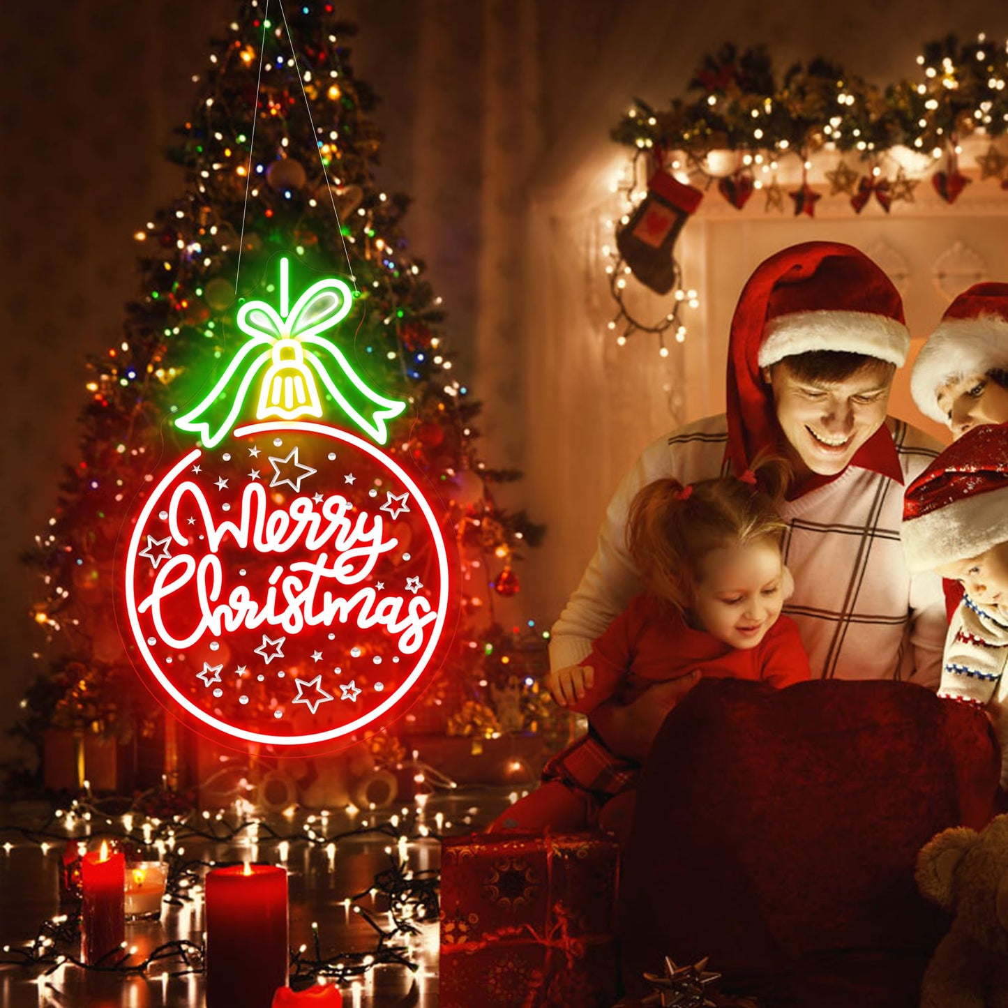 Red Christmas Ball Ornament with Green Bowknot, LED Light-Up "Merry Christmas" Lettering, Engraved Star Patterns, USB-Powered with 5 Brightness Levels, Festive Hanging Decoration 17.7″×12.2″
