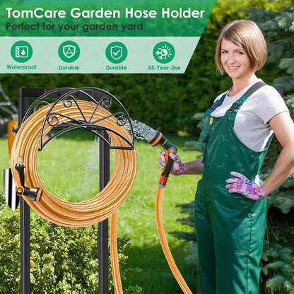 TomCare Garden Hose Holder Heavy Duty Water Hose Holder Holds 160 FT Hose 4 Spikes Hose Reel with 2 Tool Hooks Freestanding Hose Hanger Sturdy Hose Storage Stand for Outside Yard Lawn, Black