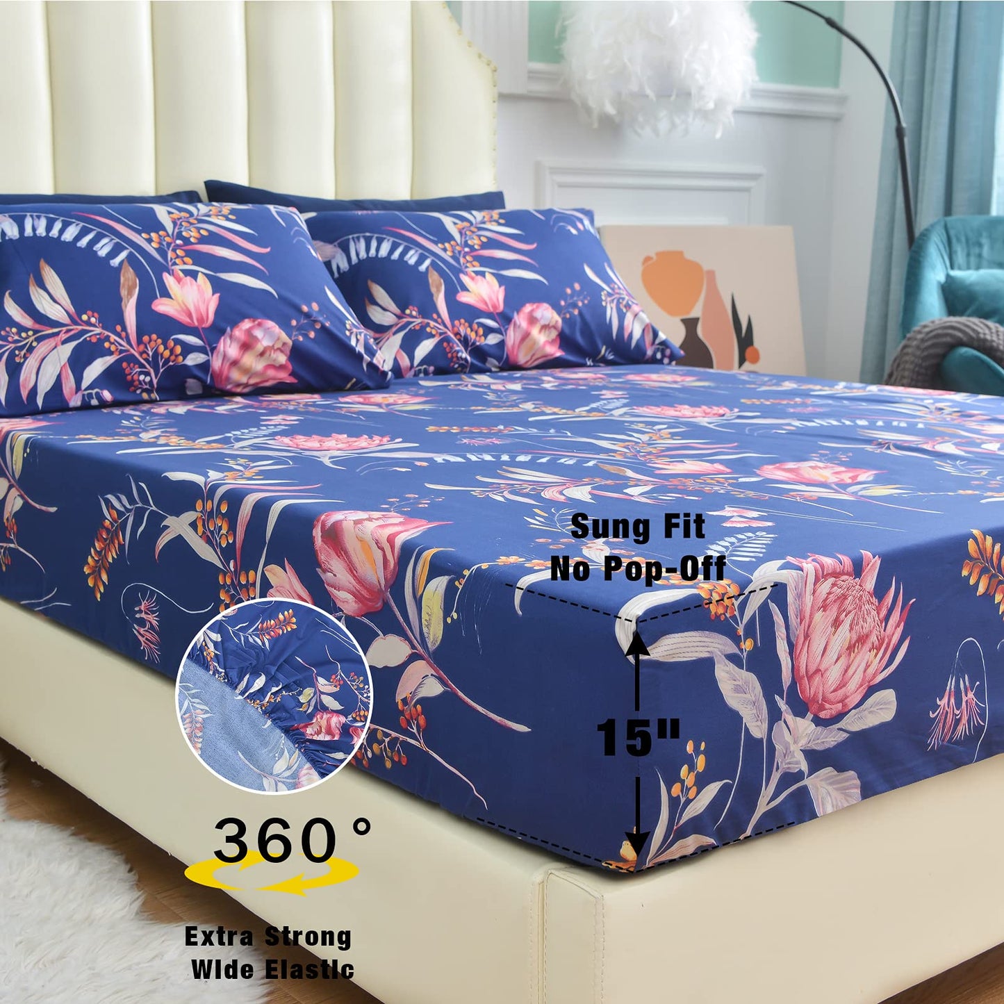 JSD Navy Floral Sheet Set Full Size, 4 Piece Printed Microfiber Sheets Extra Deep Pocket Wrinkle Free