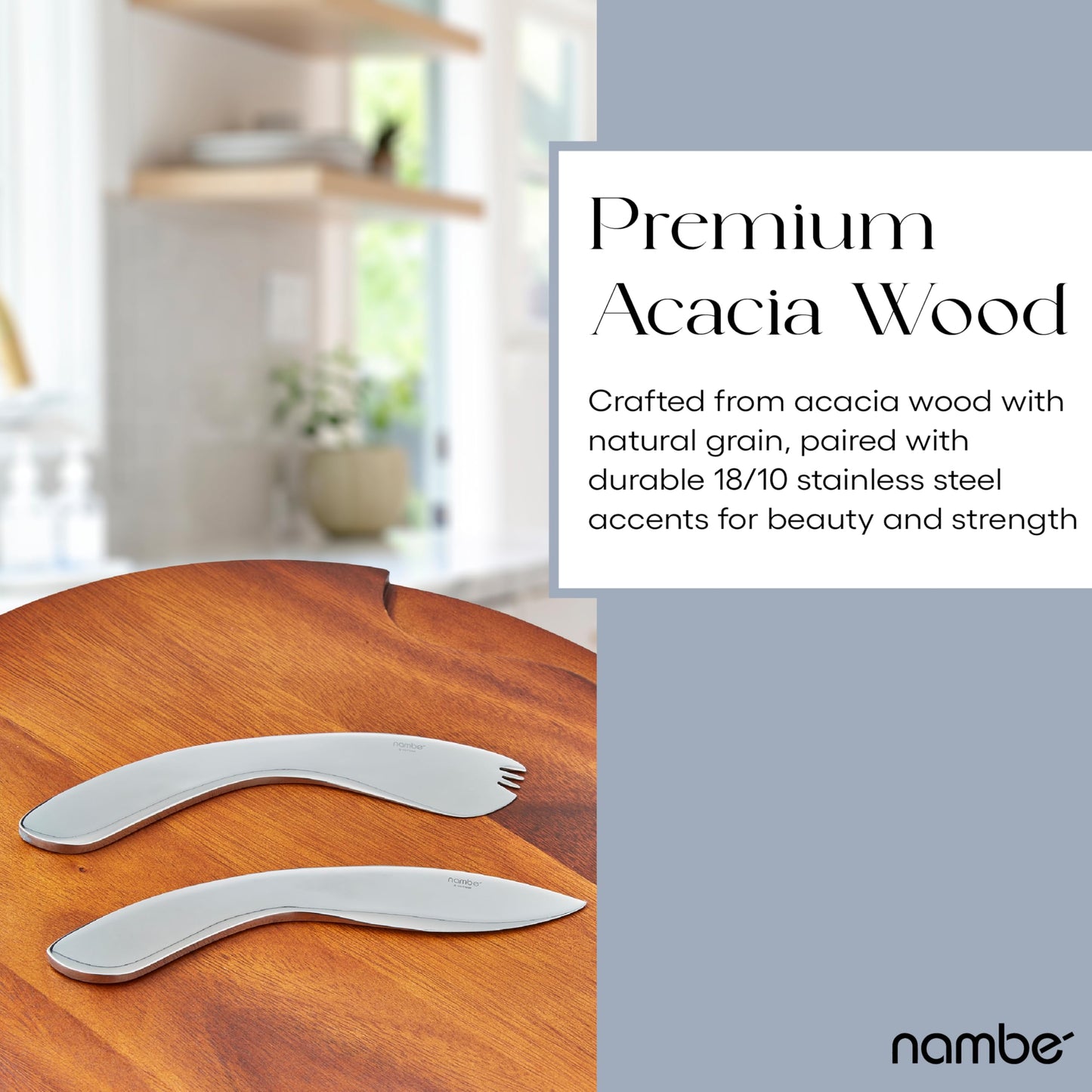 Nambé Cheese Block and Knife Set – Round Acacia Wood Board Featuring Stainless Steel Details, Contemporary Tray with Spreader, Stylish Table Accent for Parties, Gatherings, and Dining