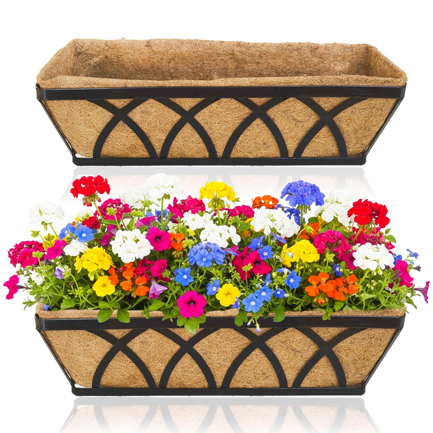 XXFBJNMD 2 Pack 24 Inch Window Box Deck Railing Planter with Coco Liner Fence Balcony Patio Long Window Flower Box Deck Railings Hanging Horse Trough Balcony Garden Rail for Outdoor Garden Fence Lawn
