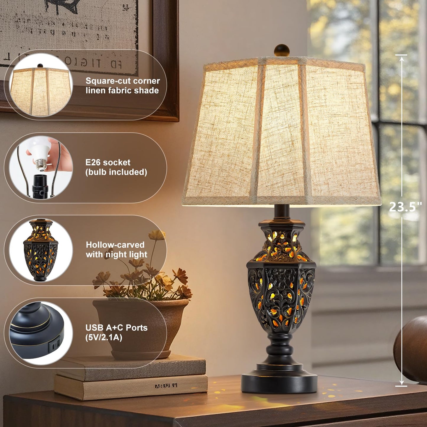 EJIAXIN Lamps for Night Stands Set of 2-23.5" Vintage Bedside Lamp with USB A+C and Nightlight - Black Retro Carved Resin Farmhouse Table Lamp for Bedrooms, End Tables, Living Room, Bulbs Included