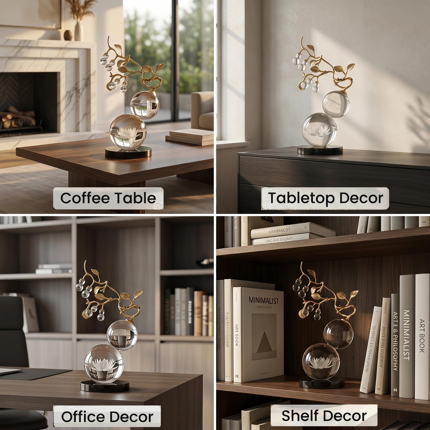 Mataura Large Glass Sculpture Decor, Nature Inspired Decorative Statue with Gold Metal Branch - Minimalist Tabletop Sculpture Home Decor for Desk Living Room Shelf Office - Unique Housewarming Gift