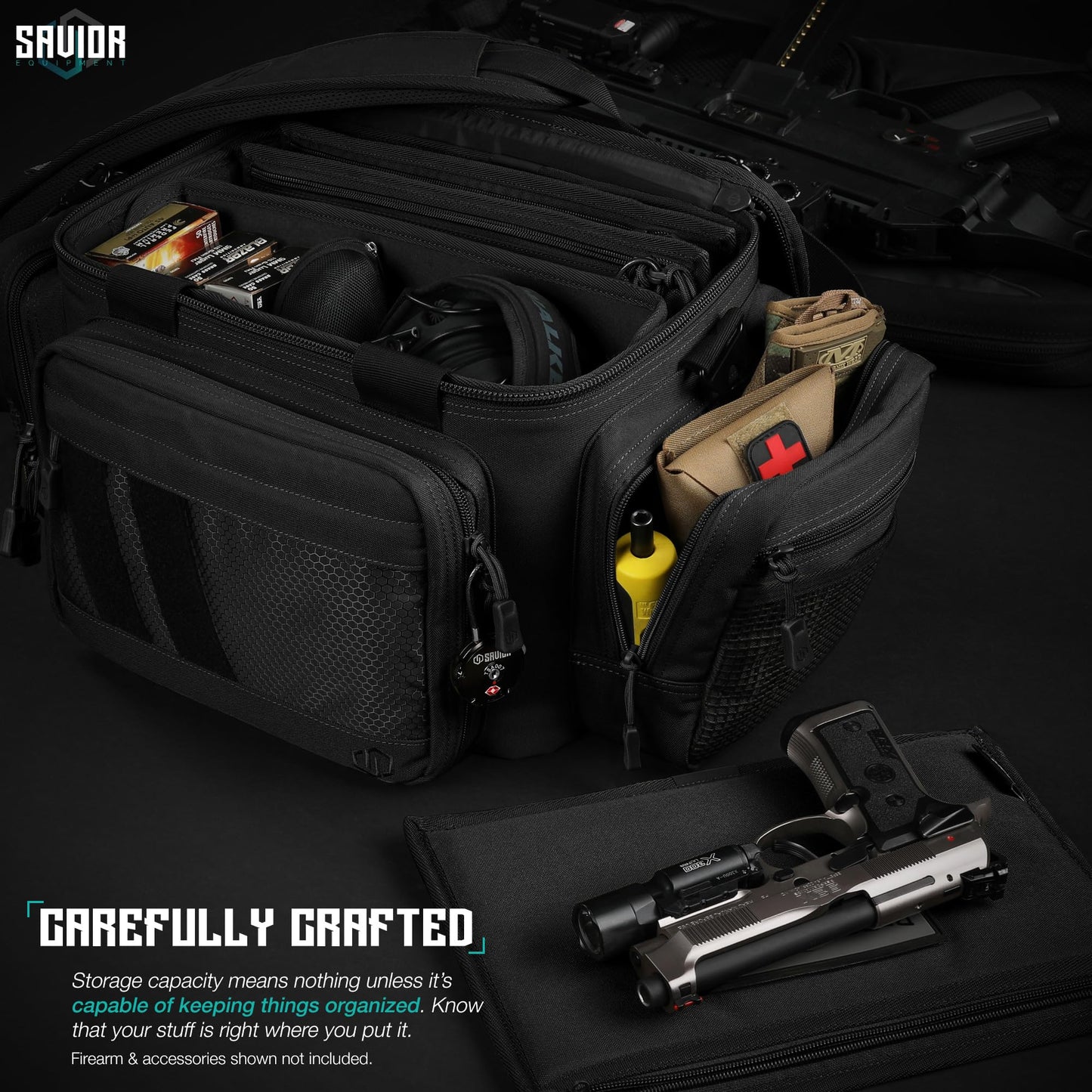 Savior Equipment Specialist Series Tactical Triple Pistol Shooting Range Hunting Duffle Bag Gun Carrying Case, Rigid Compartment Frame, Lockable Zippers (Obsidian Black, 18" x 9" x 12" Range Bag)