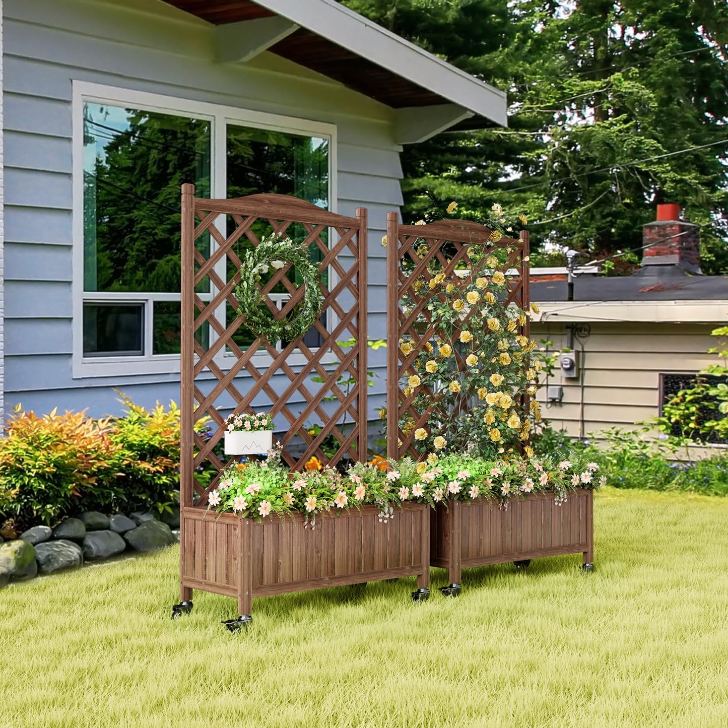 ScienGarden Upgraded 2-Pack 50" Tall Trellis Planter Box with Wheels, 49.8"H × 27.6"W × 13.0"D Solid Fir Wood Raised Garden Bed & Lattice Privacy Screen, Rolling Planter with Drainage for Patio/Garden