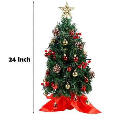 Blissun 2Ft Mini Christmas Tree, Artificial Christmas Pine Trees, Tabletop Xmas Tree, Mini Christmas Pine Tree with LED Lights, Star Tree Topper and Christmas Ornaments for Christmas Table Decorations