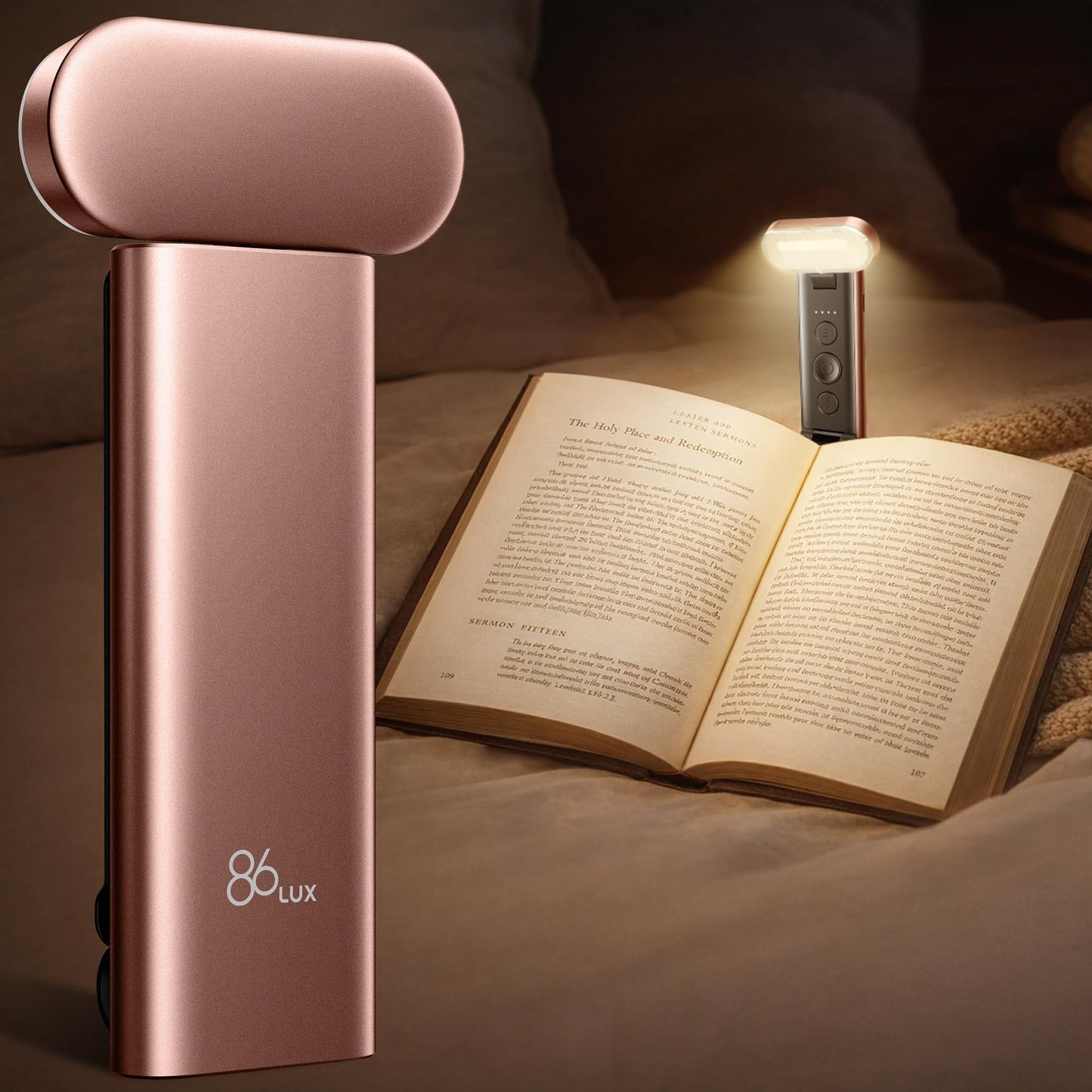 86lux Book Light, Reading Light for Book in Bed, USB Rechargeable LED Night Light with 3 Colors & Stepless Dimming, Aluminum Alloy Bookmark Light for Book Lovers, Rose Gold