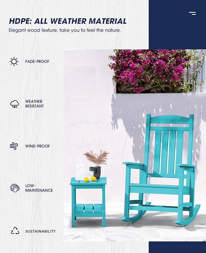 KINGYES HDPE Rocking Chairs Outdoor, Patio Rocking Chairs with 330lbs Support, Smooth Porch Rocker for Deck Lawn Yard, Aruba Blue