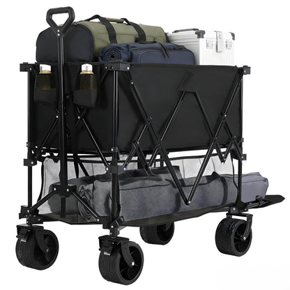 NEWBULIG Large Capacity Wagon Carts Foldable, 440LB Heavy-Duty Double Decker Wagon with All-Terrain Wheels, Portable Storage Shopping Cart for Groceries, Camping, Sports, Beach, Garden