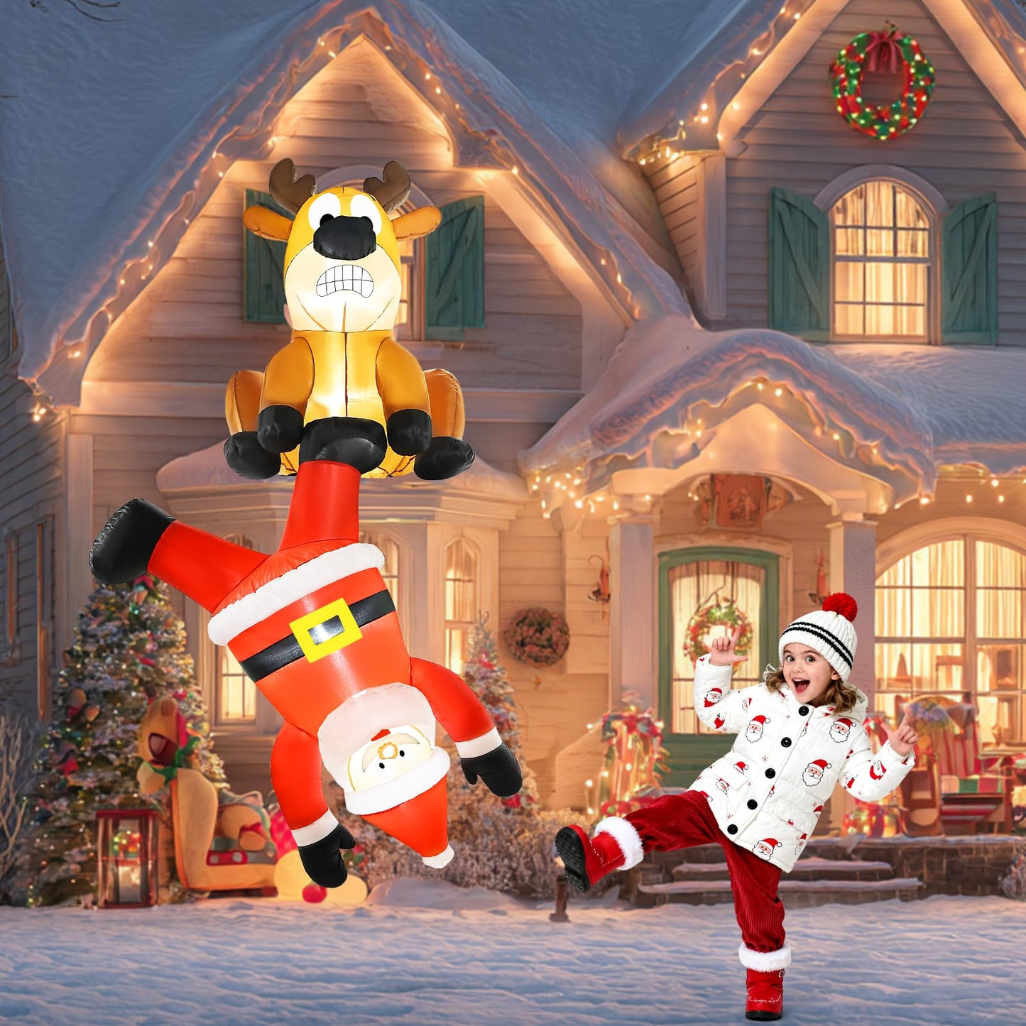 Wabolay Christmas Inflatable Climbing Santa Claus & Reindeer Outdoor Decorations 8 FT Giant Funny Hanging Blow Up Yard Inflatables Xmas Party Blowups with Led Holiday Outside Garden Lawn Roof Decor