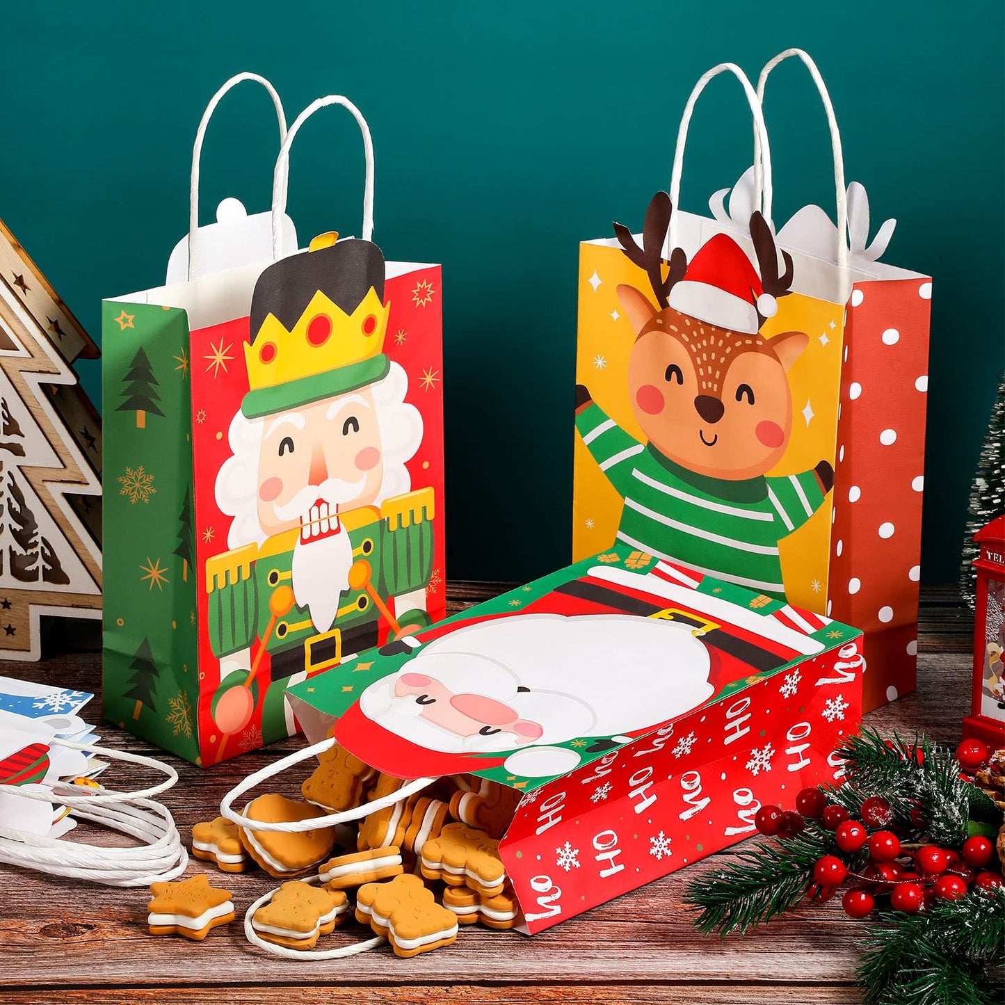 Funrous 36 Pack 36 Pack Christmas Gift Bags 6 Designs Christmas Kraft Paper Bags Xmas Treat Goodie Favors with Handles for Winter Holiday Snacks Gift Party Supplies, 8.6 x 6.3 x 3.2 Inch