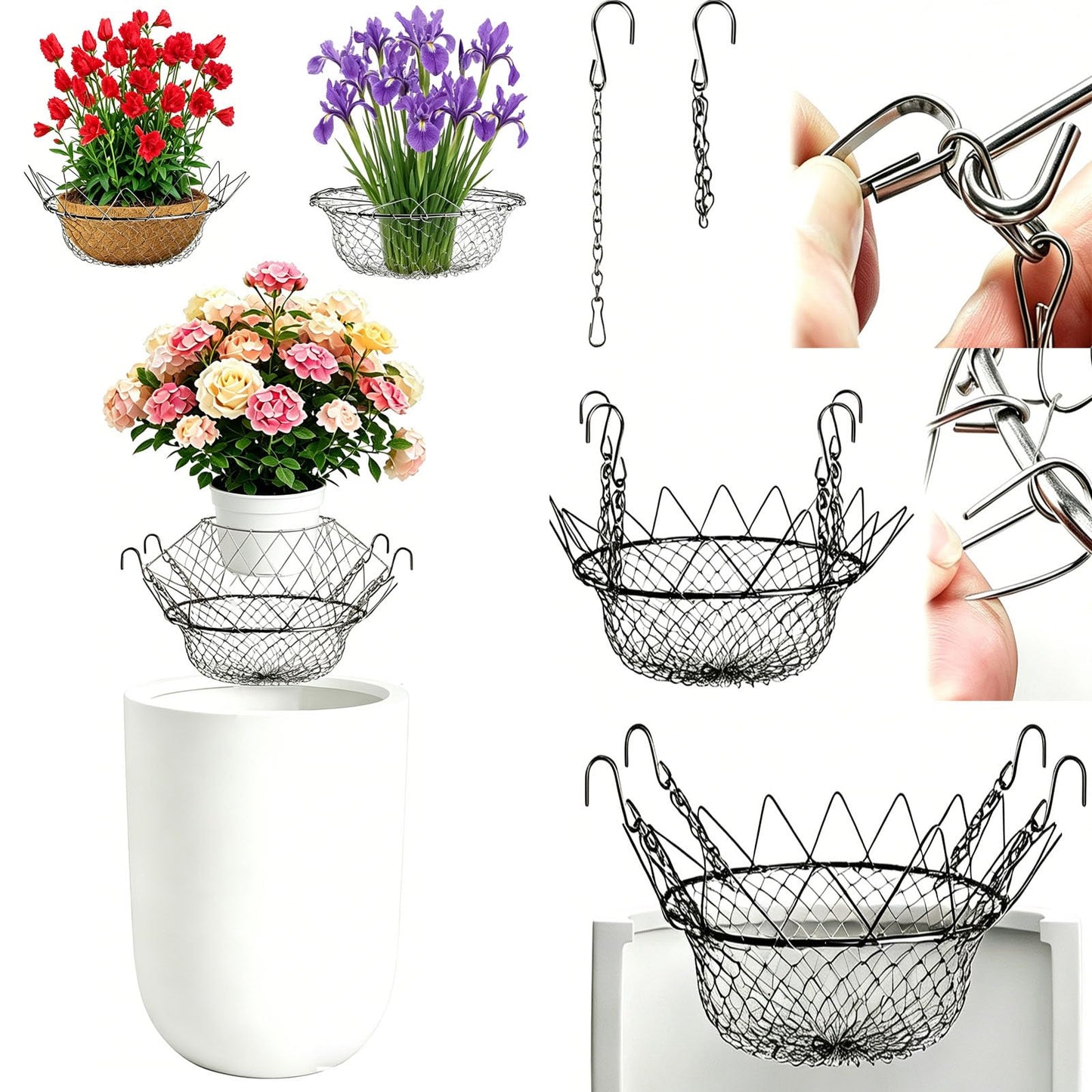 Adjustable Planter Insert for Pots Any Height with 4 Hooks, 12-18" Stainless Steel Chain Pot Fillers for Tall Planter, Stainless Steel Plant Elevator, for Outdoor Indoor Flower Potted Home (1)