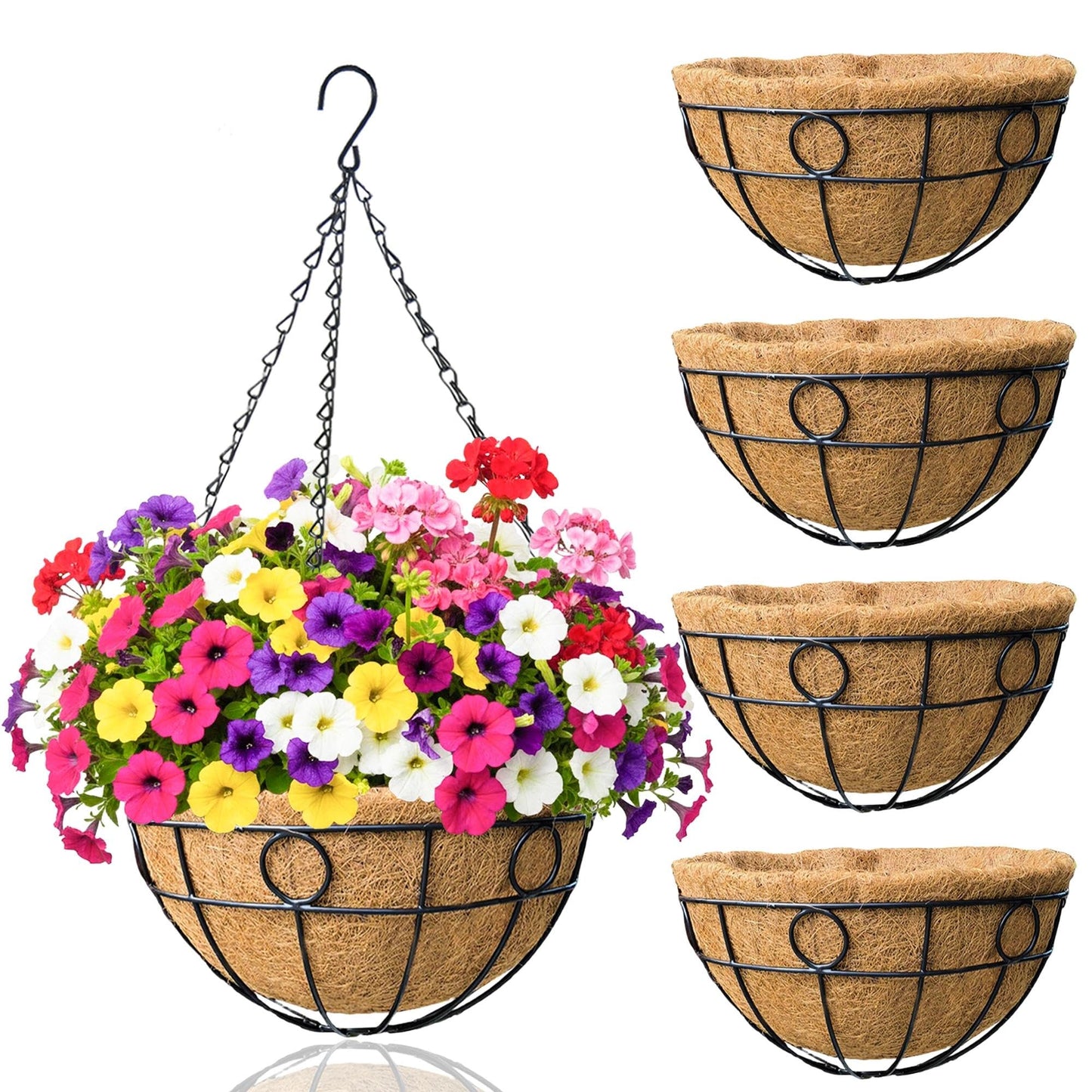 4 Pack 14 Inch Hanging Baskets for Plants Outdoor Metal Hanging Planters with Coco Coir Liner Round Wire Plant Holder Hanging Flower Pots for Outdoor Patio Lawn Balcony Garden Decor - Circular