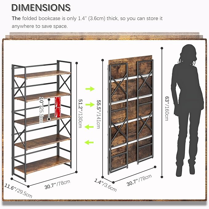 4NM Extra Wide 5 Tiers No Assembly Book Shelves, 51.2" H Folding Bookshelf