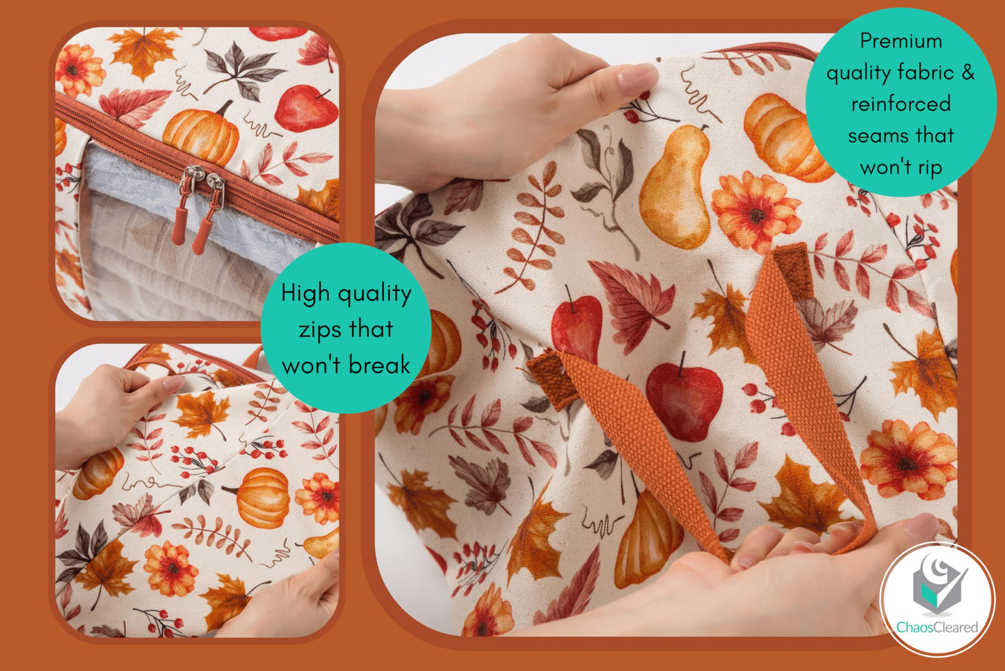 Chaos Cleared Canvas Storage Bags Designer Organizer 2 Pack – Seasonal Storage for Sweaters, Blankets, Linens & Garments – Foldable Design with Zip & Window (Autumn Print)