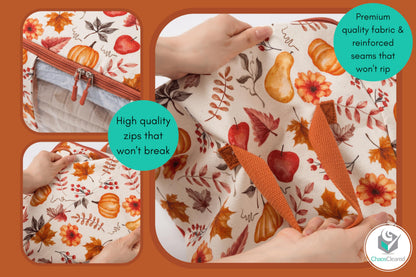 Chaos Cleared Canvas Storage Bags Designer Organizer 2 Pack – Seasonal Storage for Sweaters, Blankets, Linens & Garments – Foldable Design with Zip & Window (Autumn Print)
