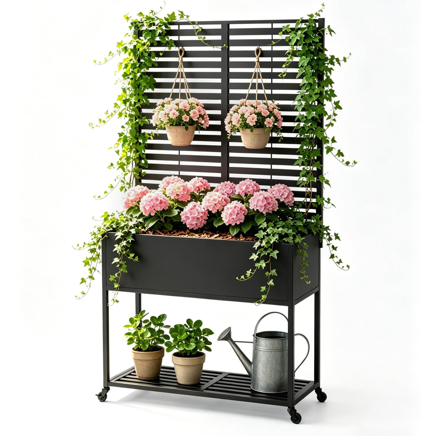 Metal Planter with Trellis for Outdoor,Elevated Rust-Proof Raised Garden Bed with Legs & Wheels,70" Privacy Planter for Climbing Plants & Flowers,Outside Movable Raise Box for Patio,Black (Black)