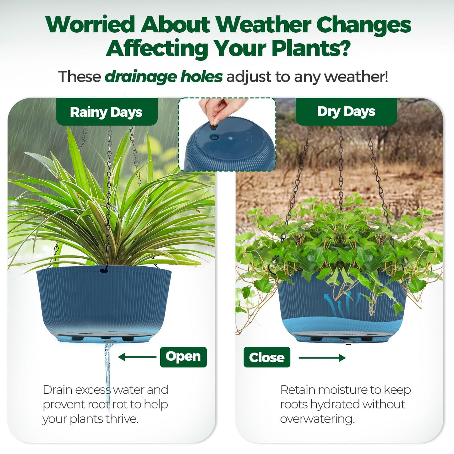 T4U 8 Inch Hanging Planters for Indoor Outdoor Plants, Self Watering Hanging Pot Pack of 2, Hanging Pots with Drainage Hole & Plug & Chain with 3 Hooks for Garden Home Decor, Blue