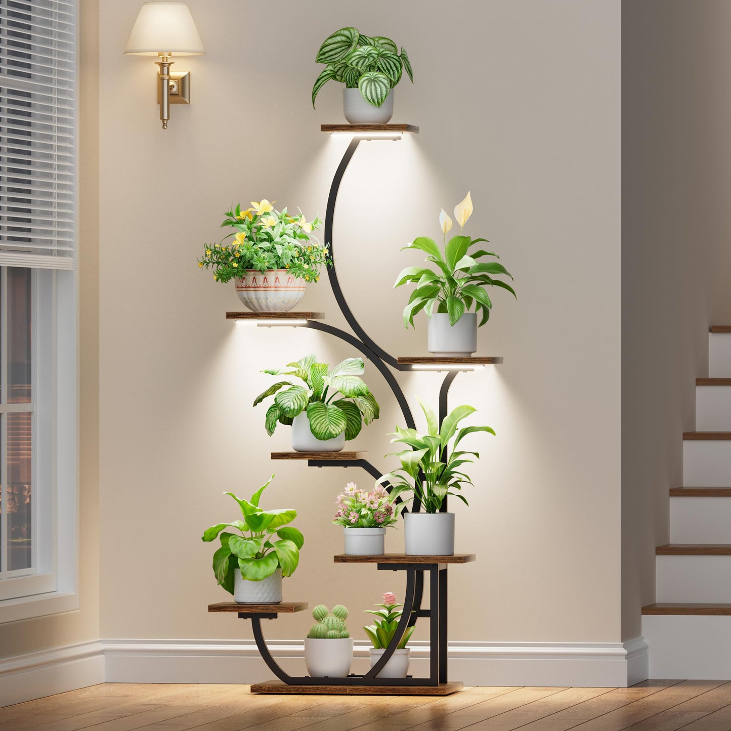 Plant Stand Indoor with Grow Lights - Lighted Indoor Plant Shelf, 57" 7 Tier Corner Plant Stands for Indoor Growing, Tall Flower Display Shelf, Metal S-Shaped Holder for Living Room, Bedroom, Black