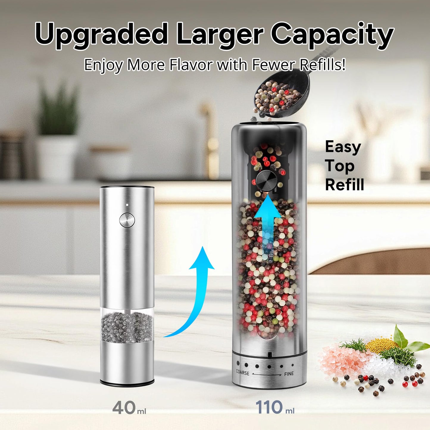 Rechargeable Electric Salt and Pepper Grinder Set with 6 Adjustable Coarseness, Large Capacity, LED Light, Stainless Steel Automatic Pepper Mill - BBQ Accessories, Cooking Gift for Dad, Men Women