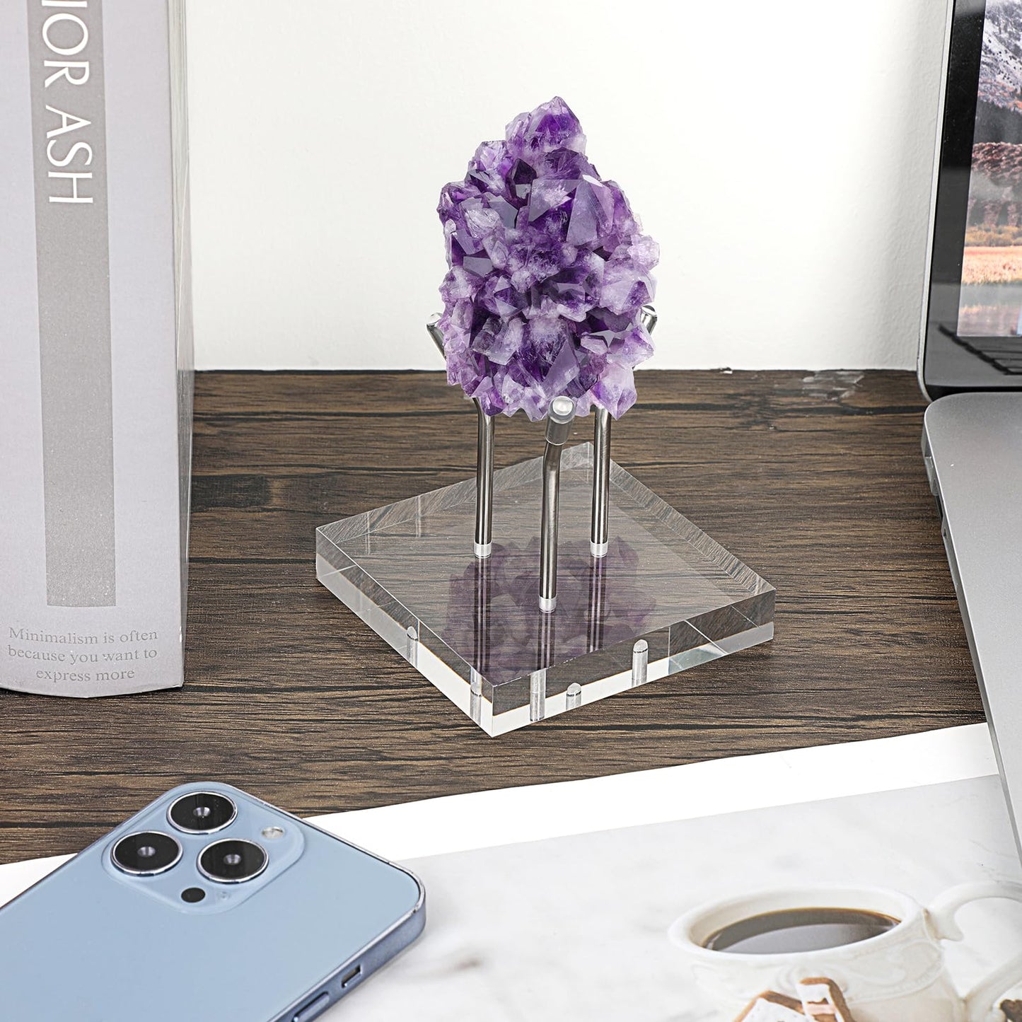Hipiwe Metal Arm Display Stand Easel with Acrylic Base Decorative Crystal Ball Stand Pedestal for Sphere Mineral Geodes Rock Fossils Seashell, X-Large,Silver