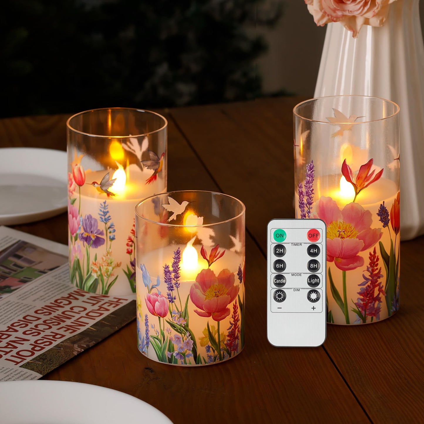 AFINETH Glass Flameless Candles with Remote, Hummingbird Floral Battery Operated Candles, Flickering LED Pillar Candle for Wedding, Home, Party Gift, Set of 3
