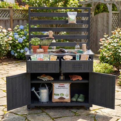 GDFStudio Junlyn Patio Kitchen Island Cart with Storage, Wooden Outdoor Storage Cabinet with Stainless Steel BBQ Prep Table Top, Drawers, Shelves and Lockable Wheels, Garden Potting Bench, Black