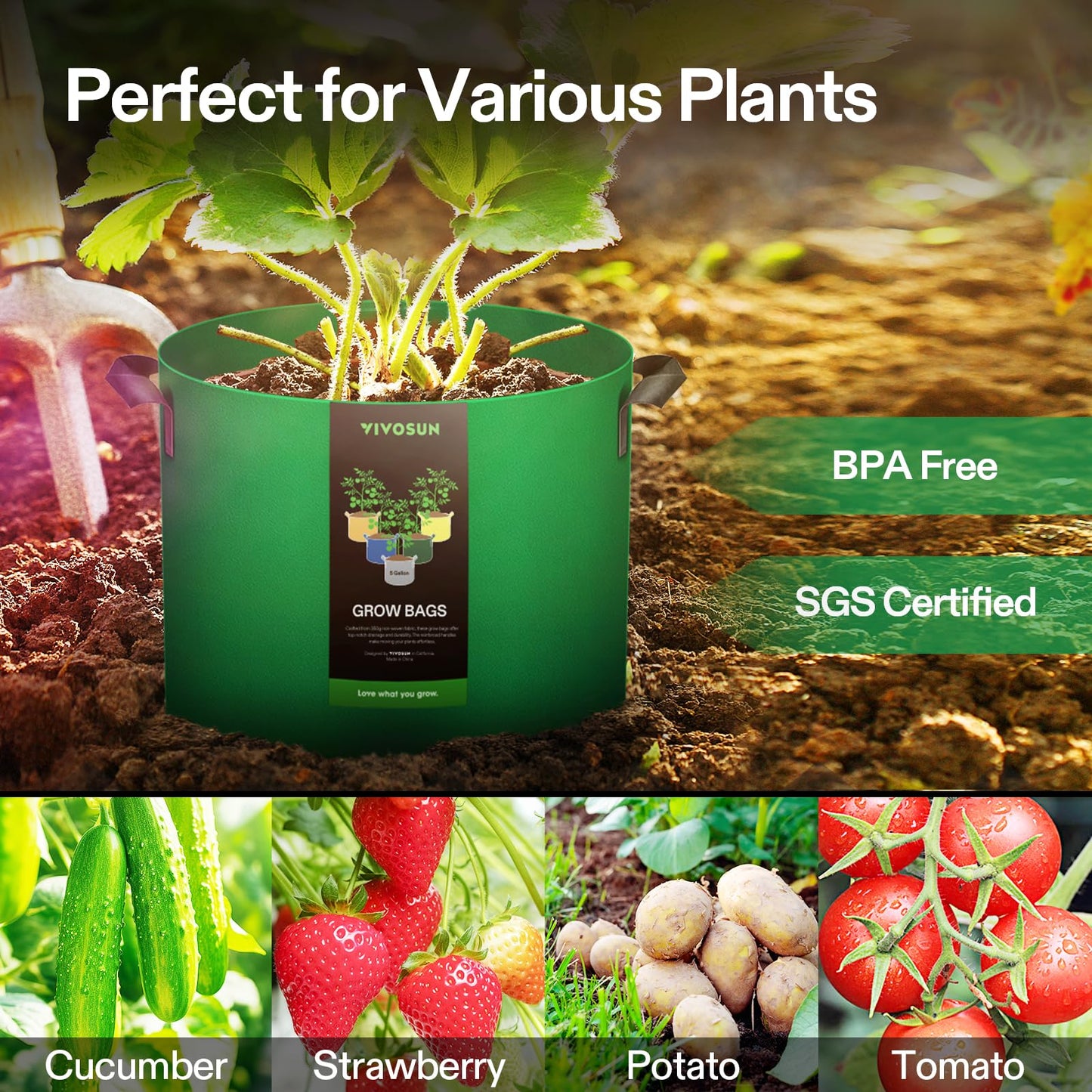 VIVOSUN 5-Pack 10-Gallon Colored Grow Bags, 350G Thick nonwoven Fabric Pots with Handles for Flowers, Fruits and Vegetables