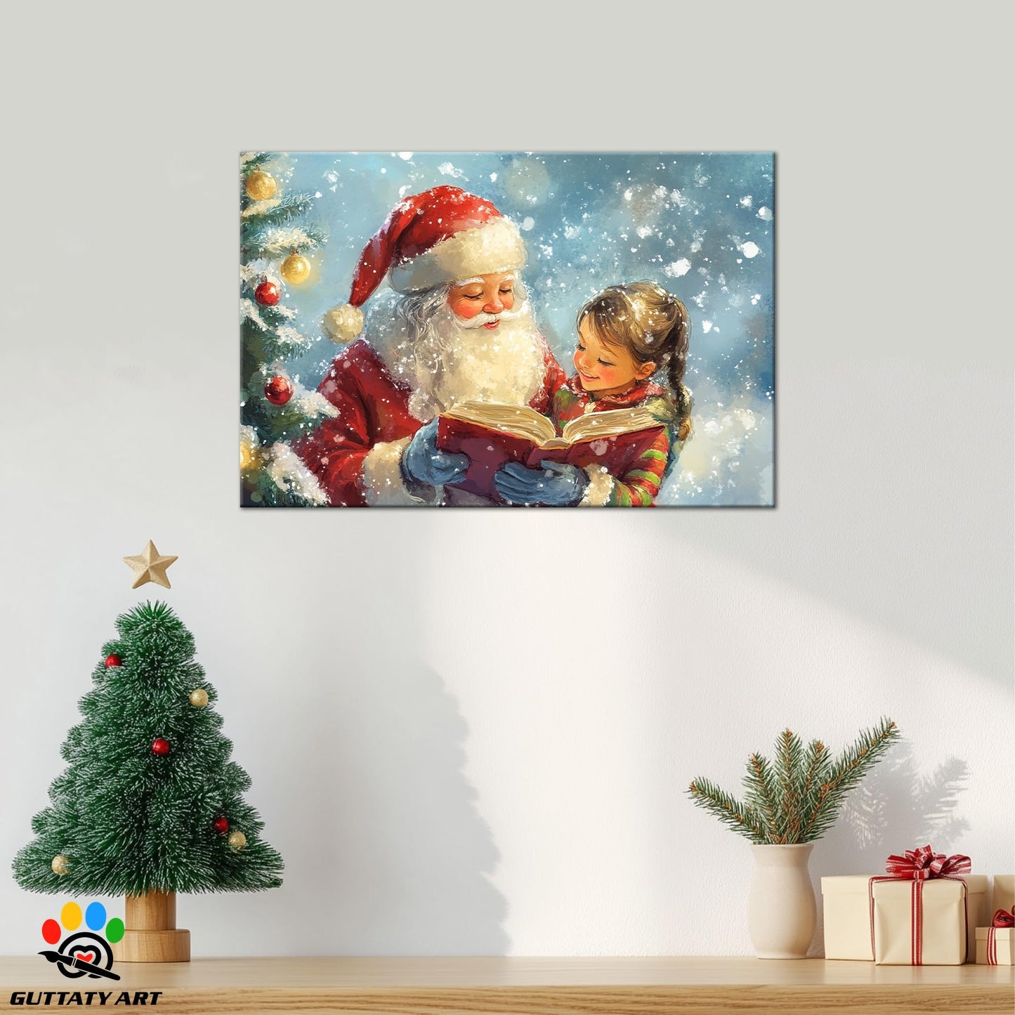 GUTTATY Christmas Canvas Wall Decor, Santa & Girl Reading Book Christmas Pictures Decor, Snow Scene Christmas Canvas Wall Art Prints, Christmas Tree Canvas Artworks for Living Room 18x24 Inch