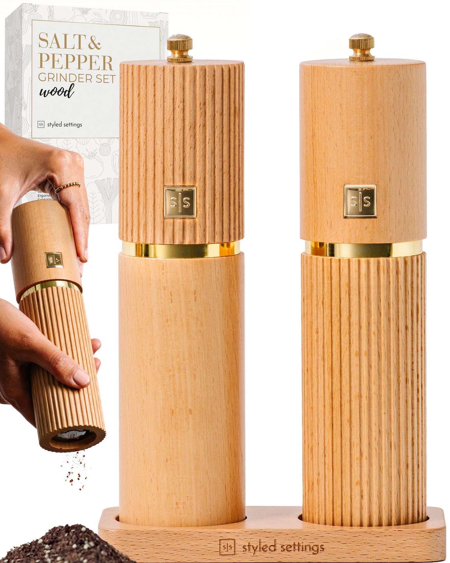 Wooden Salt and Pepper Grinder Set – Refillable Manual Salt and Pepper Mills with Adjustable Ceramic Burrs, Gold Detailing, and Wood Stand