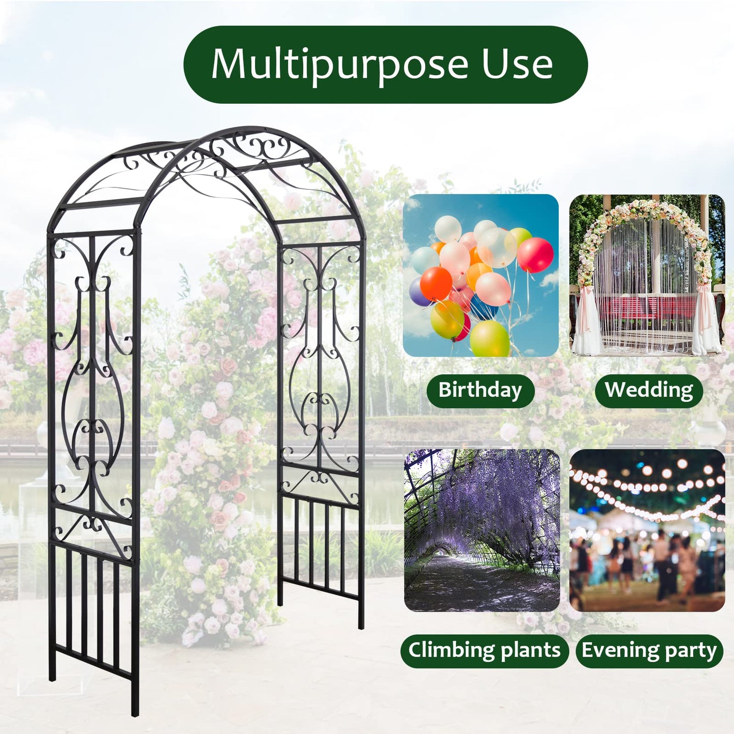 kinbor Garden Arches and Arbors Outdoor Black Metal Arbor for Climbing Plants Vines Roses Wedding Archway