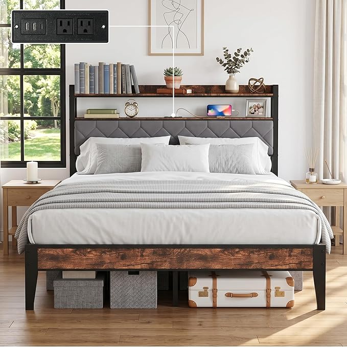 Queen Bed Frame with Charging Station, Upholstered Headboard, Metal Platform