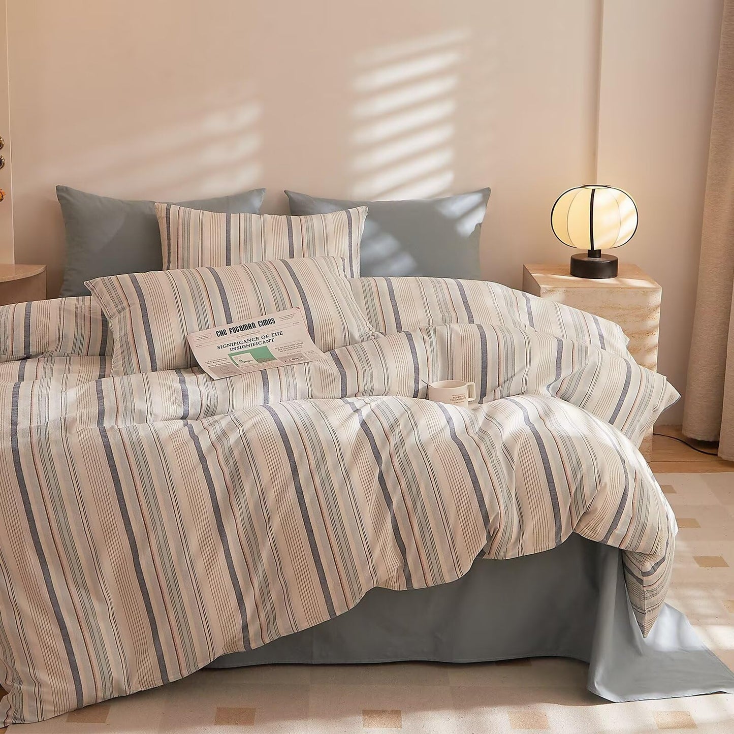 AMZTOP 100% Cotton Duvet Cover Set Queen Size Blue Striped Design,Soft Breathable Comfy Washed Cotton Bedding Set for All Season,Chic Simple Zipper Textured Durable Quilt Covers 90"×90"